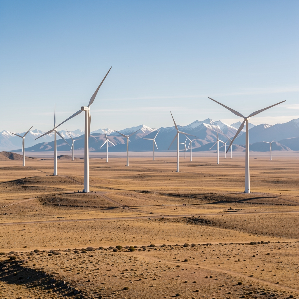 Parque eólico en la Patagonia argentina con aerogeneradores y meseta sin personas